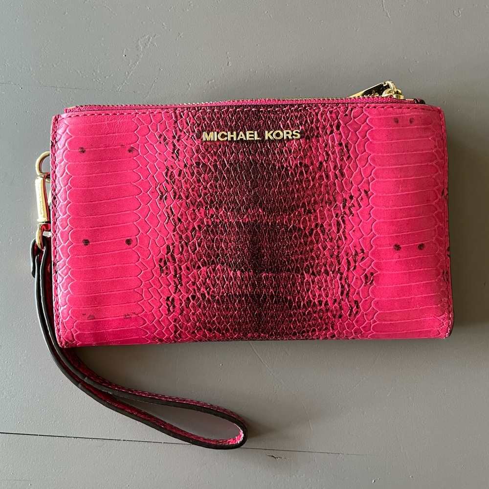 Michael Kors Pink Snakeskin Adele Travel Double Zip Wristlet Wallet Snake Clutch